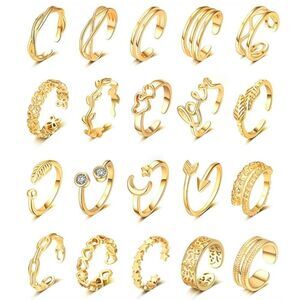 18K Yellow Gold Adjustable Boho Open Toe Rings - Set of 20